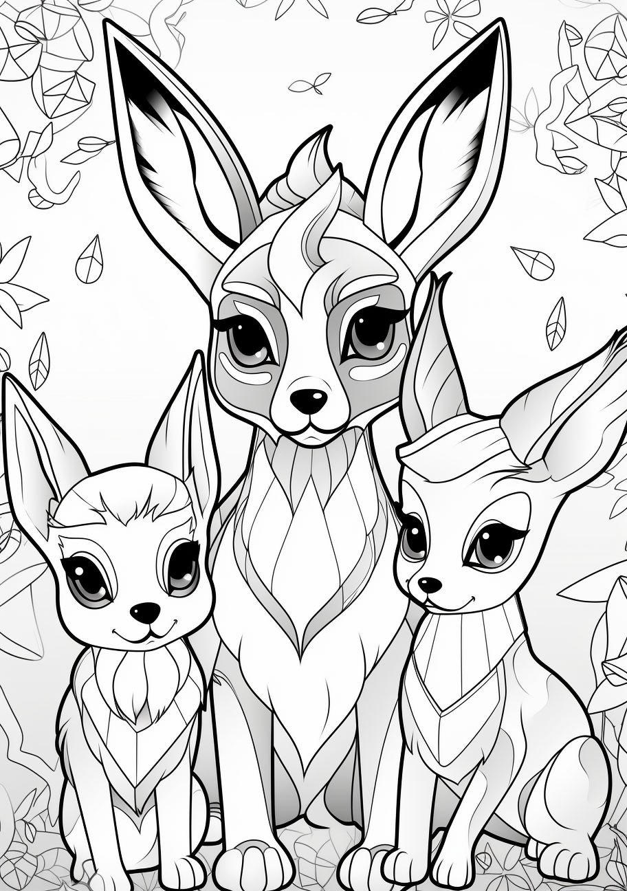 Depicts unity among Eevee and its evolved forms; bold outlines and clear forms. printable coloring page, black and white, free download
