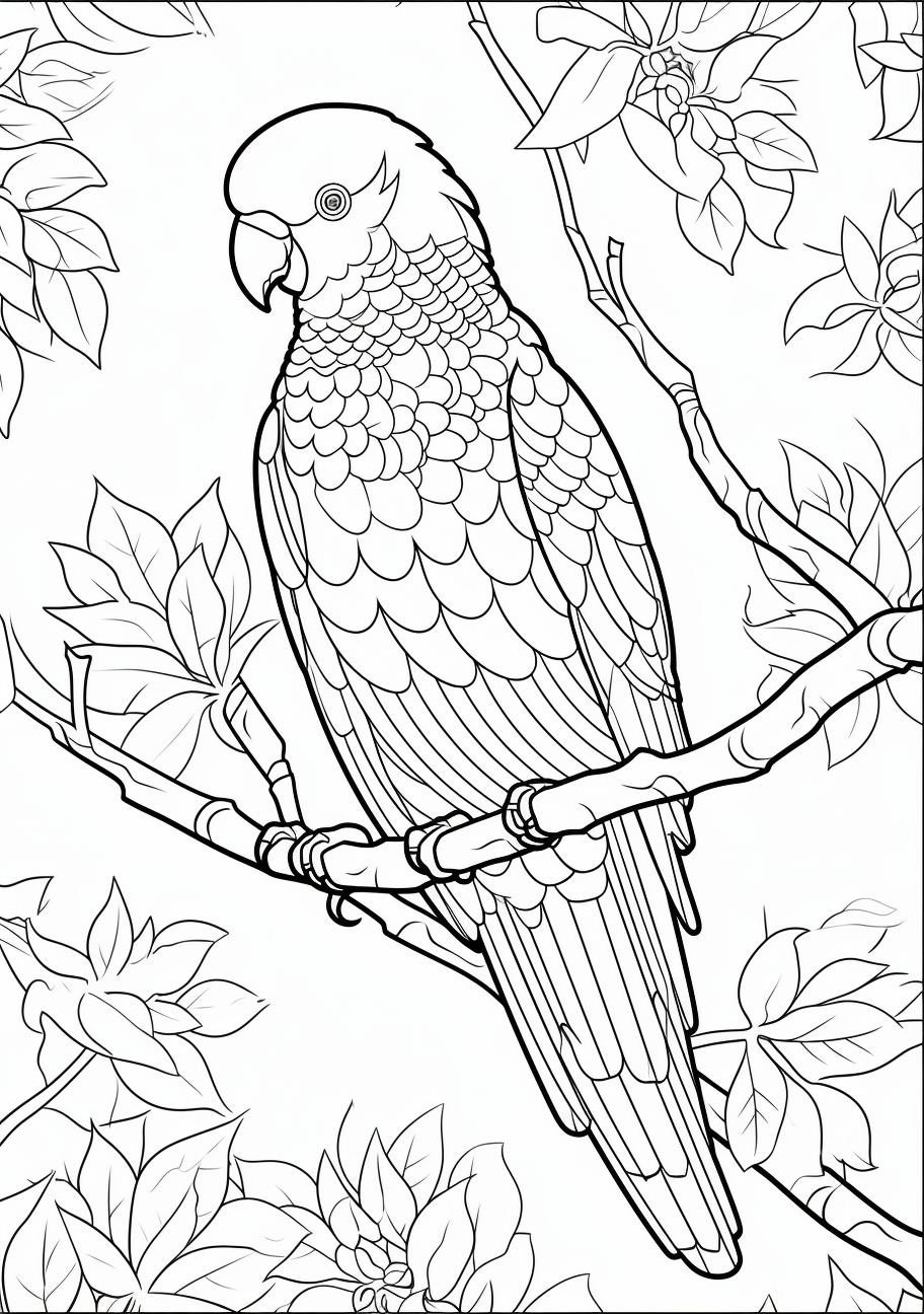 Scene featuring a parrot in a tropical setting; detailed and intricate patterns.printable coloring page, black and white, free download