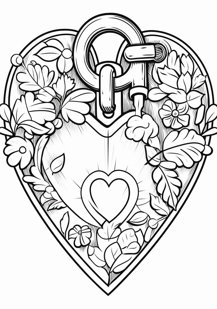 Key and heart-shaped lock; distinguishing details and solid shapes.printable coloring page, black and white, free download