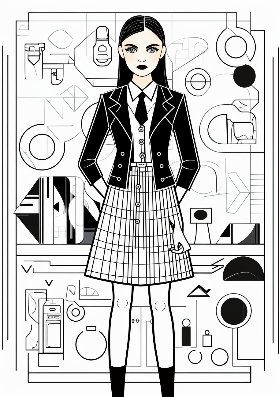 A taller, modern version of Wednesday Addams in an edgy outfit; fine details. printable coloring page, black and white, free download