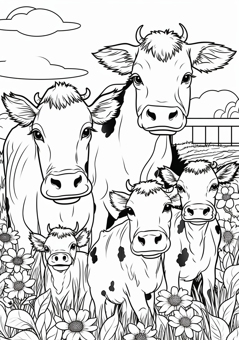 Rows of cartoon cows standing together in a playful manner; includes simple lines and bold shapes.printable coloring page, black and white, free download