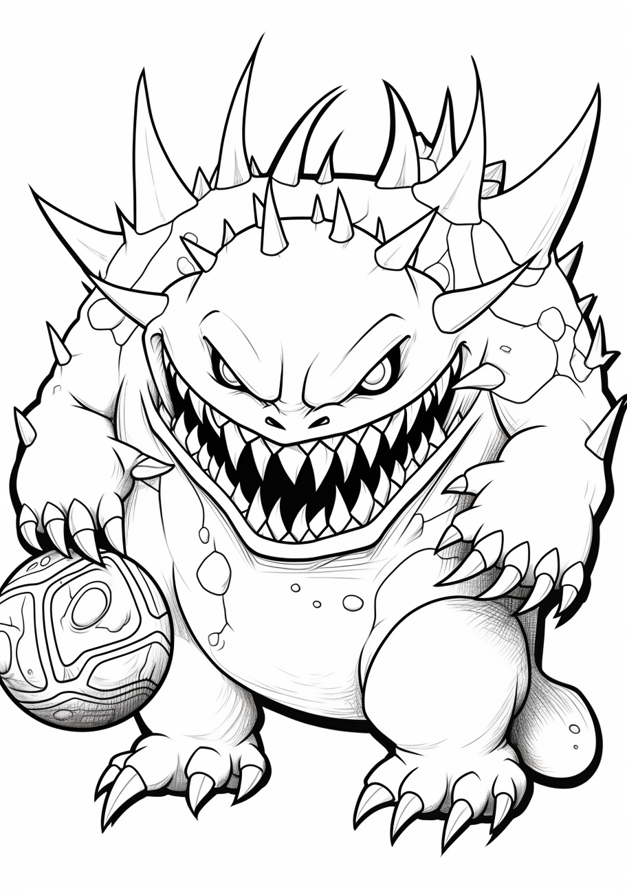 Classic Mega Gengar posture; filled with detailed lines and complex designs. printable coloring page, black and white, free download