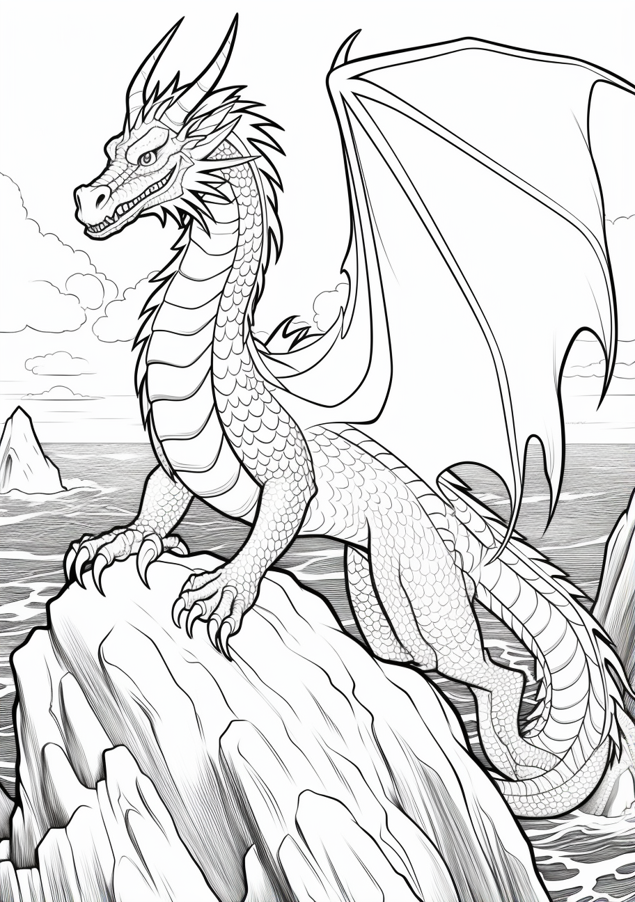 Dragon perched on a cliff; detailed scales and pronounced clawed feet.printable coloring page, black and white, free download