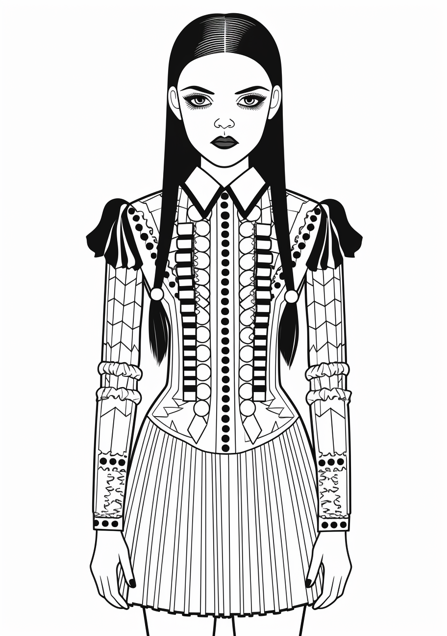 Wednesday Addams depicted in a flirty pose; unique fashion outfit and well defined features. printable coloring page, black and white, free download