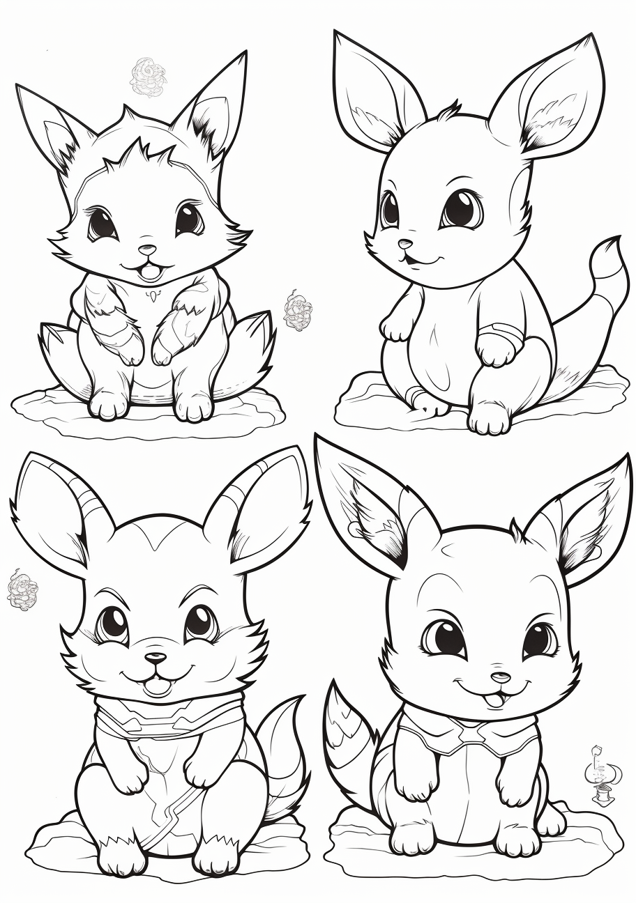Displaying three stages of Pikachu's evolution, starting from Pichu; bold outlines. printable coloring page, black and white, free download