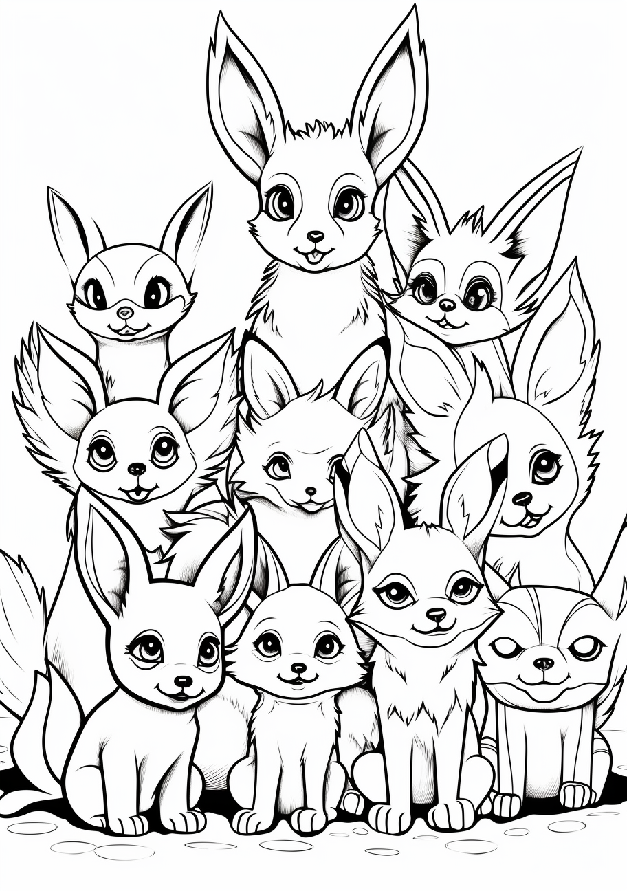 Group image of Eevee evolutions; simple lines with a shared theme. printable coloring page, black and white, free download