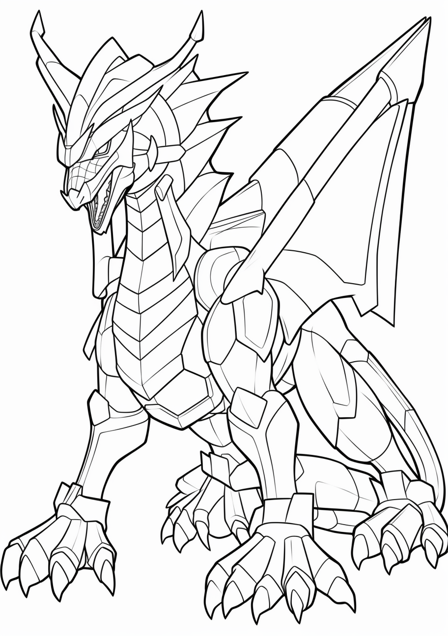 Dialga, in an animated stance; clean lines with clear, moderate details. printable coloring page, black and white, free download
