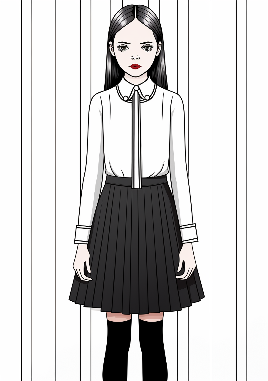 A full-bodied illustration of Wednesday Addams; visible detailing on the dress and facial expression. printable coloring page, black and white, free download