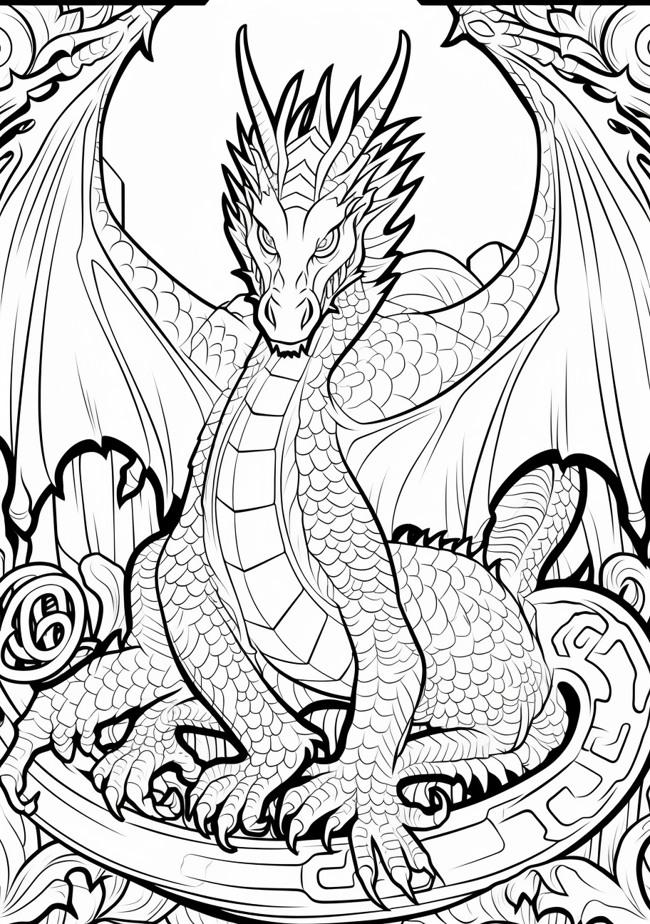 A dragon aiming for the sky; full of detailed shapes and patterns.printable coloring page, black and white, free download