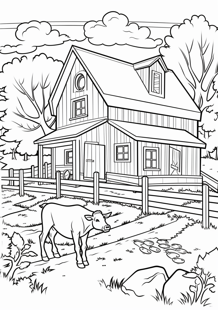 Scene of cows in a pasture with farm elements like a tractor and hay stacks; clear outlines with moderate details.printable coloring page, black and white, free download