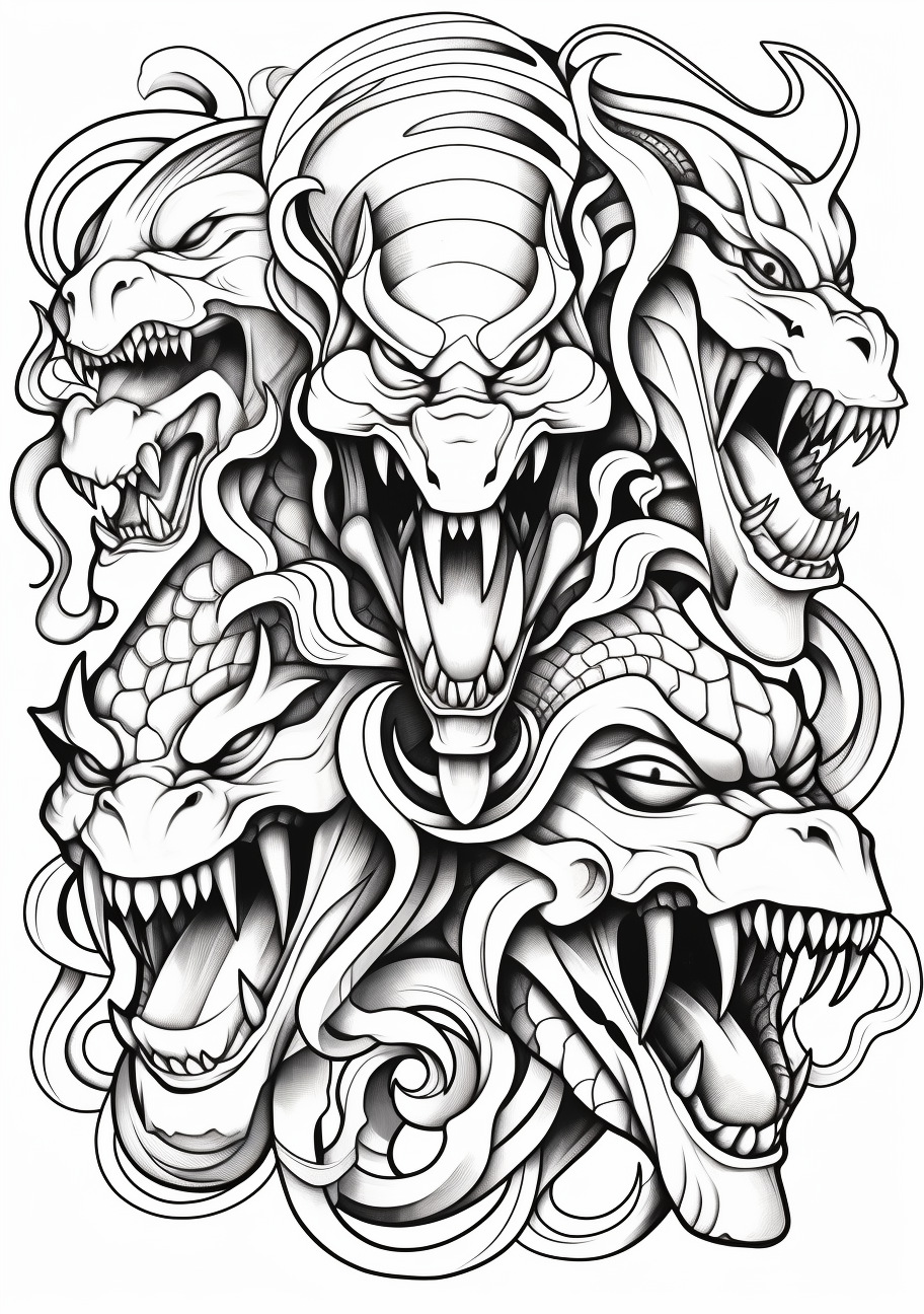 Final evolution Pokemon engaged in a dynamic battle; bold outlines, action lines, and detailed Pokemon designs. printable coloring page, black and white, free download