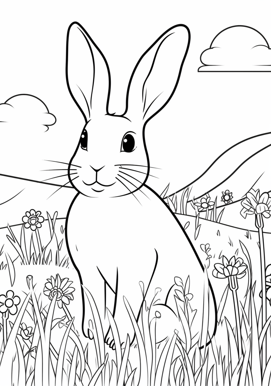 Drawing of bunny with wildflowers; simplistic style.printable coloring page, black and white, free download