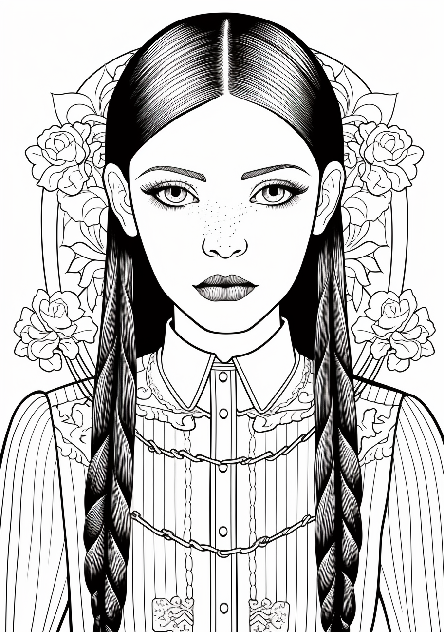Detailed portrait of modern Wednesday Addams with fine lines and intricate patterns. printable coloring page, black and white, free download