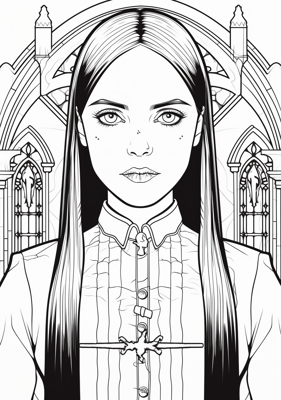 An in-depth, detailed sketch of Wednesday Addams with intricate gothic elements. printable coloring page, black and white, free download