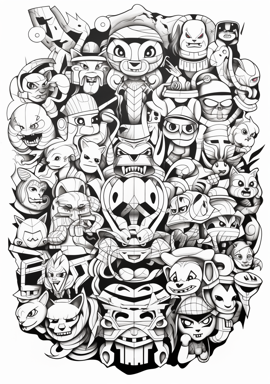 Pokemon characters gathering; a mix of bold and simple shapes. printable coloring page, black and white, free download