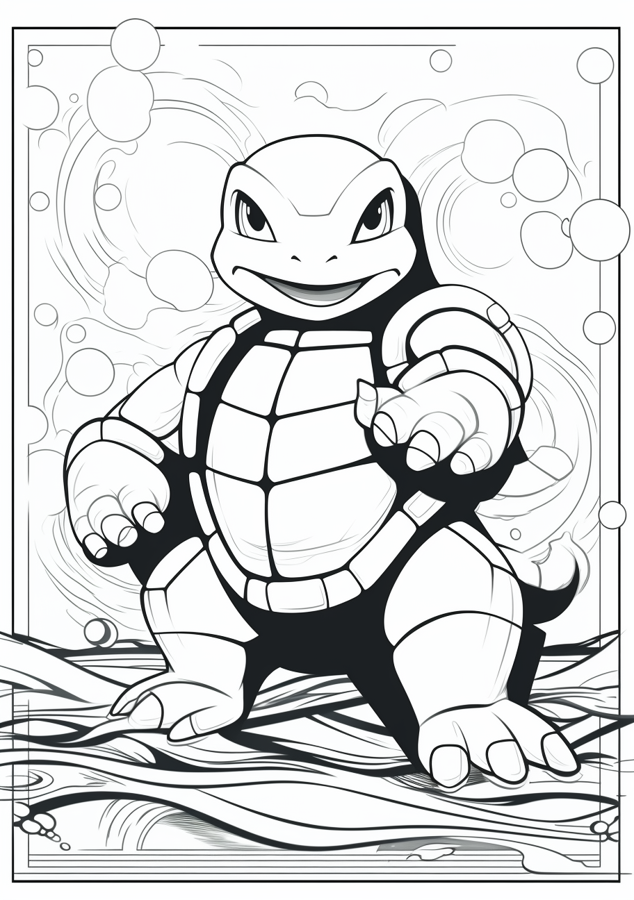 The nautical progression from Squirtle to Wartortle and finally Blastoise; bold, dynamic outlines. printable coloring page, black and white, free download