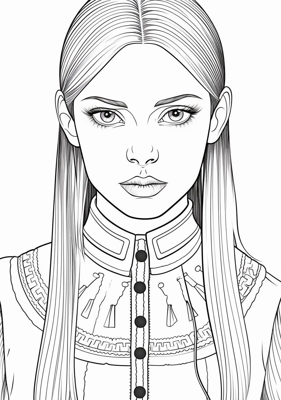 Close-up portrait of Wednesday Addams with detailed shading; intricate details on her classic braided pigtail hairstyle and collared dress. printable coloring page, black and white, free download