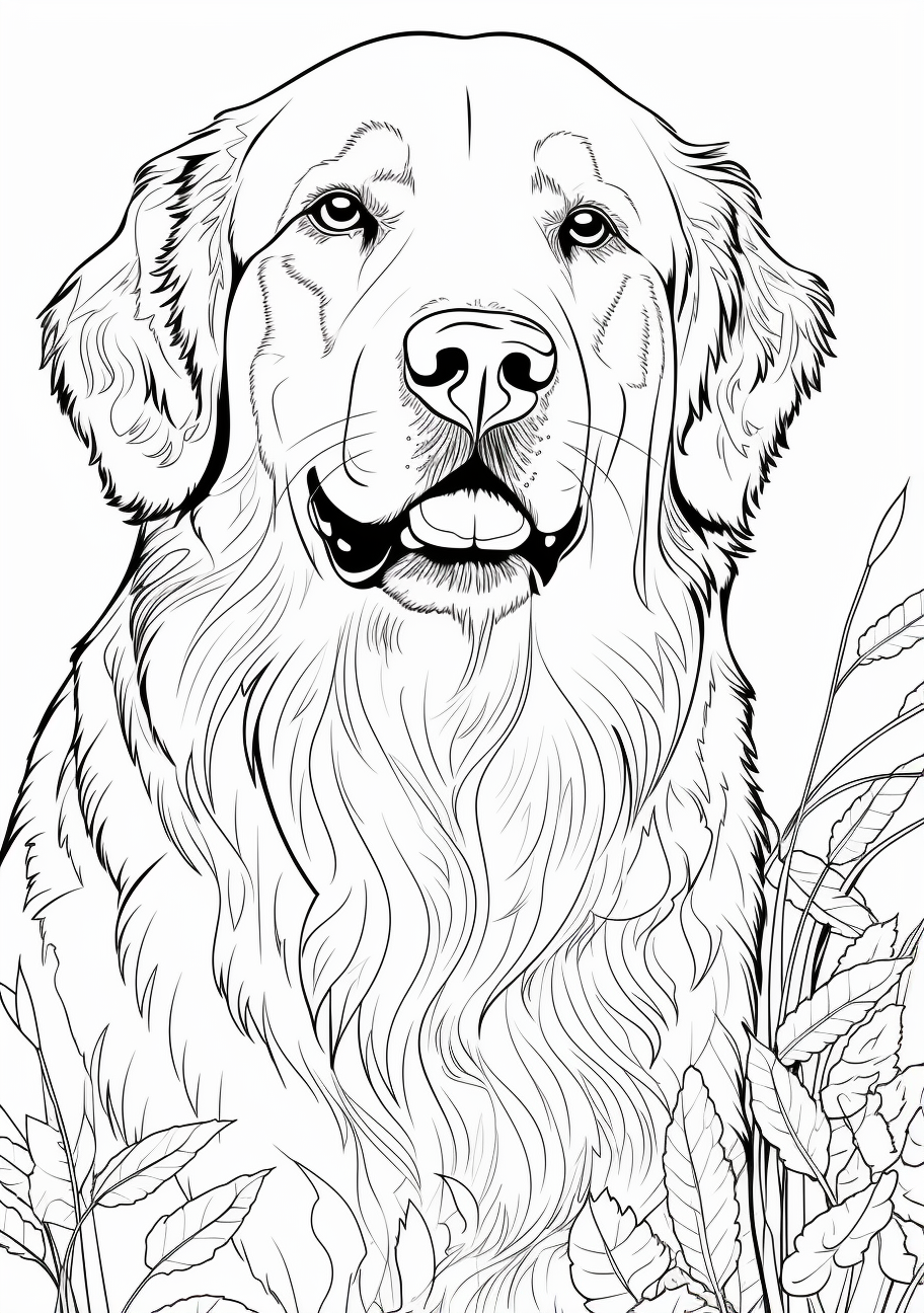 Portrait of a Golden Retriever dog; highly detailed and realistic printable coloring page, black and white, free download