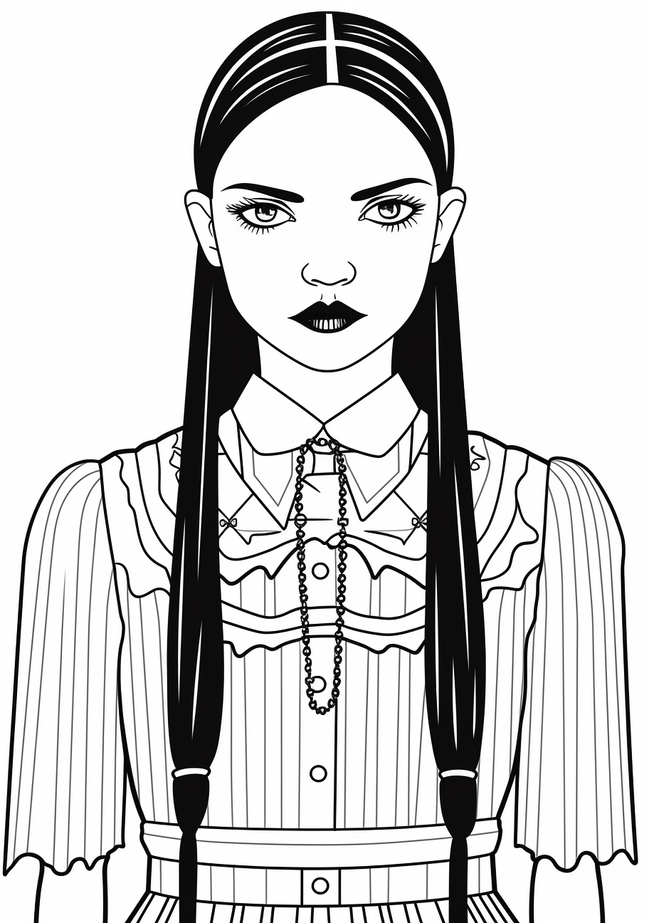Full body view of Wednesday Addams in modern clothes; crafted with clean lines. printable coloring page, black and white, free download