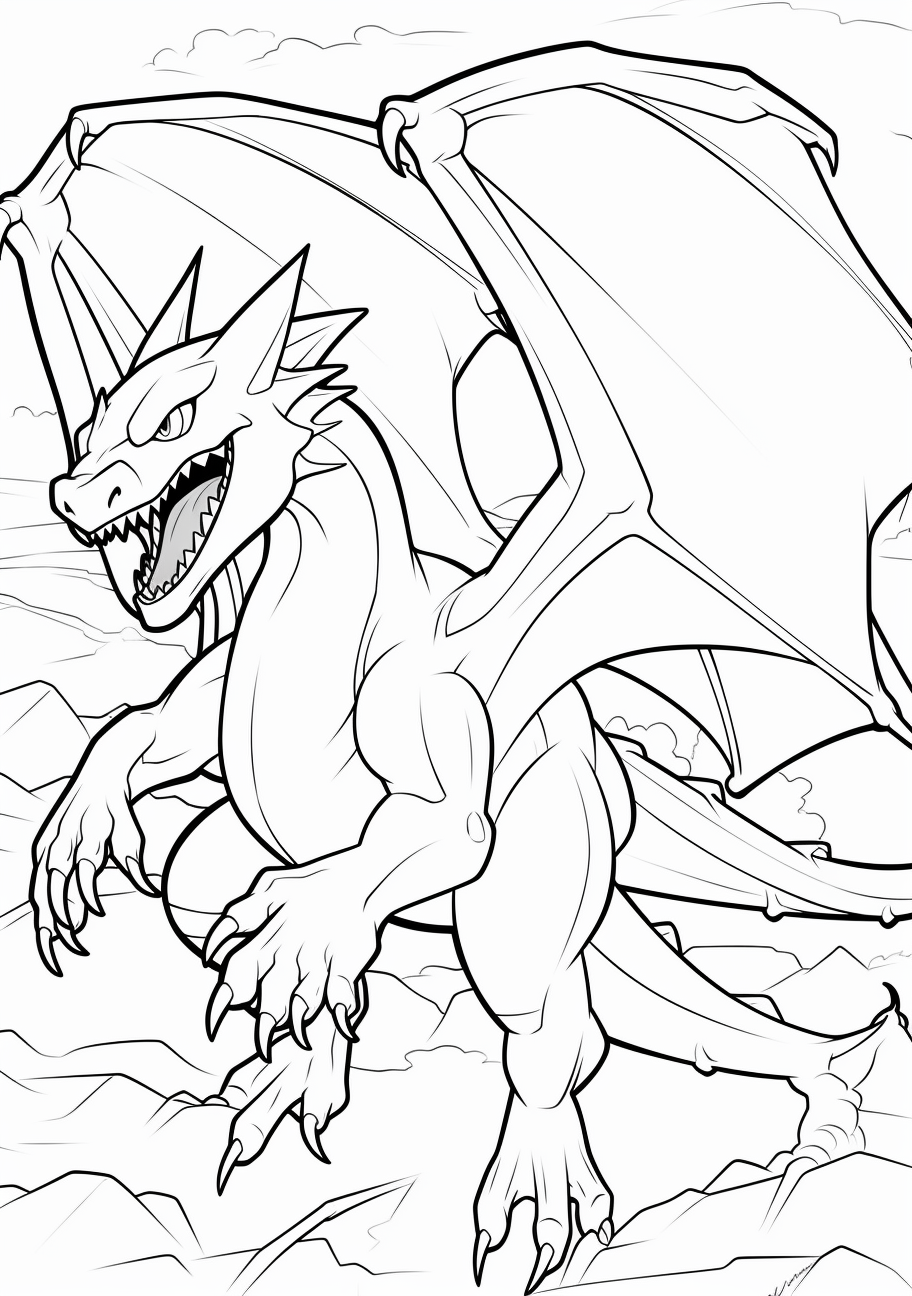 Charizard flying, depicted with bold outlines and detailed wings printable coloring page, black and white, free download