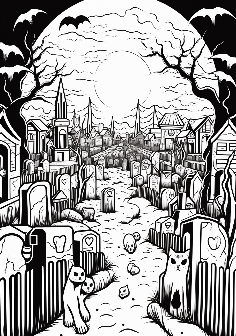 All Hallows' Eve scene featuring zombies, ghosts and a haunted mansion; simplistic geometric forms.printable coloring page, black and white, free download