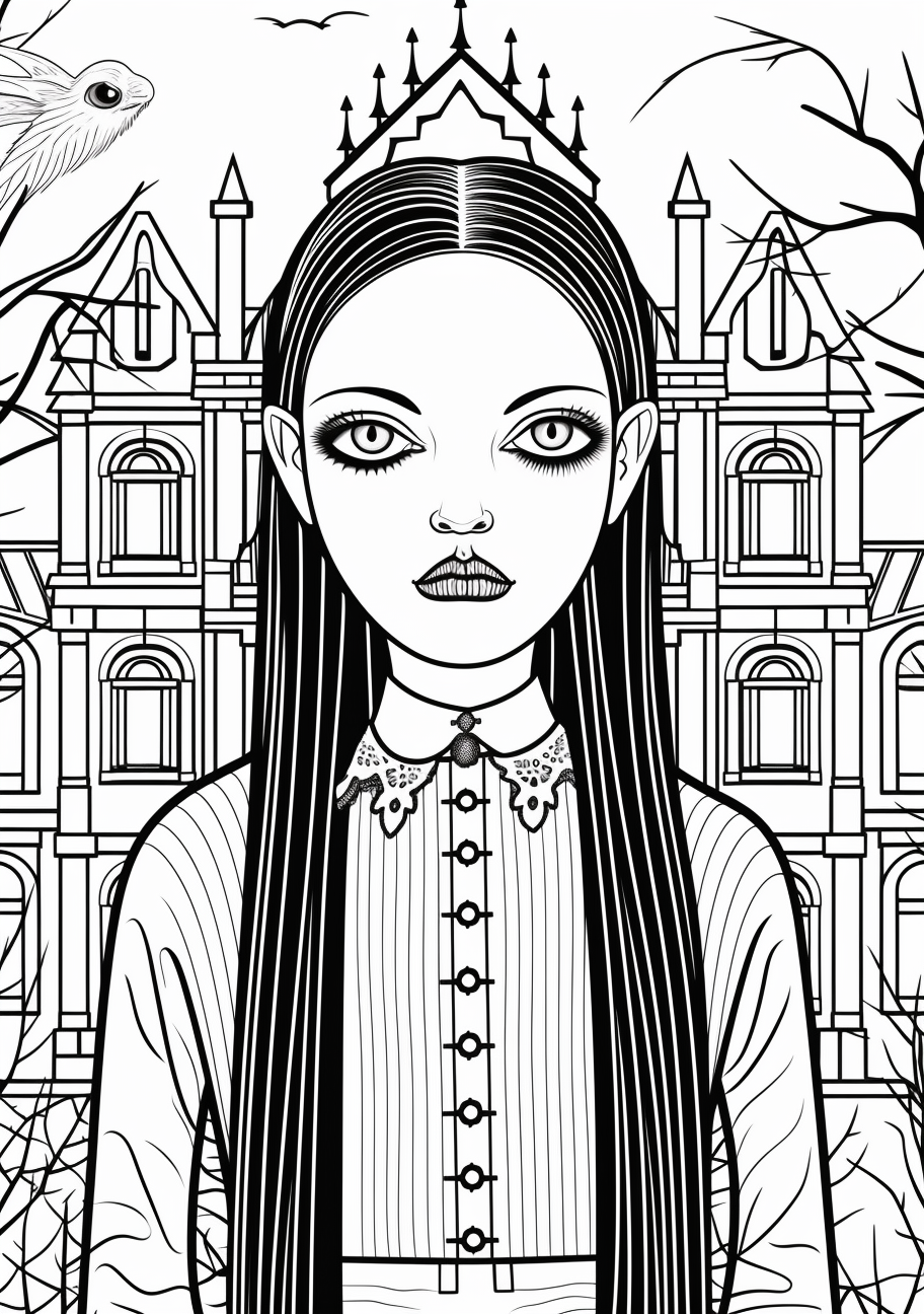 An image featuring Wednesday Addams with the Addams family mansion in the background; intricate patterns. printable coloring page, black and white, free download