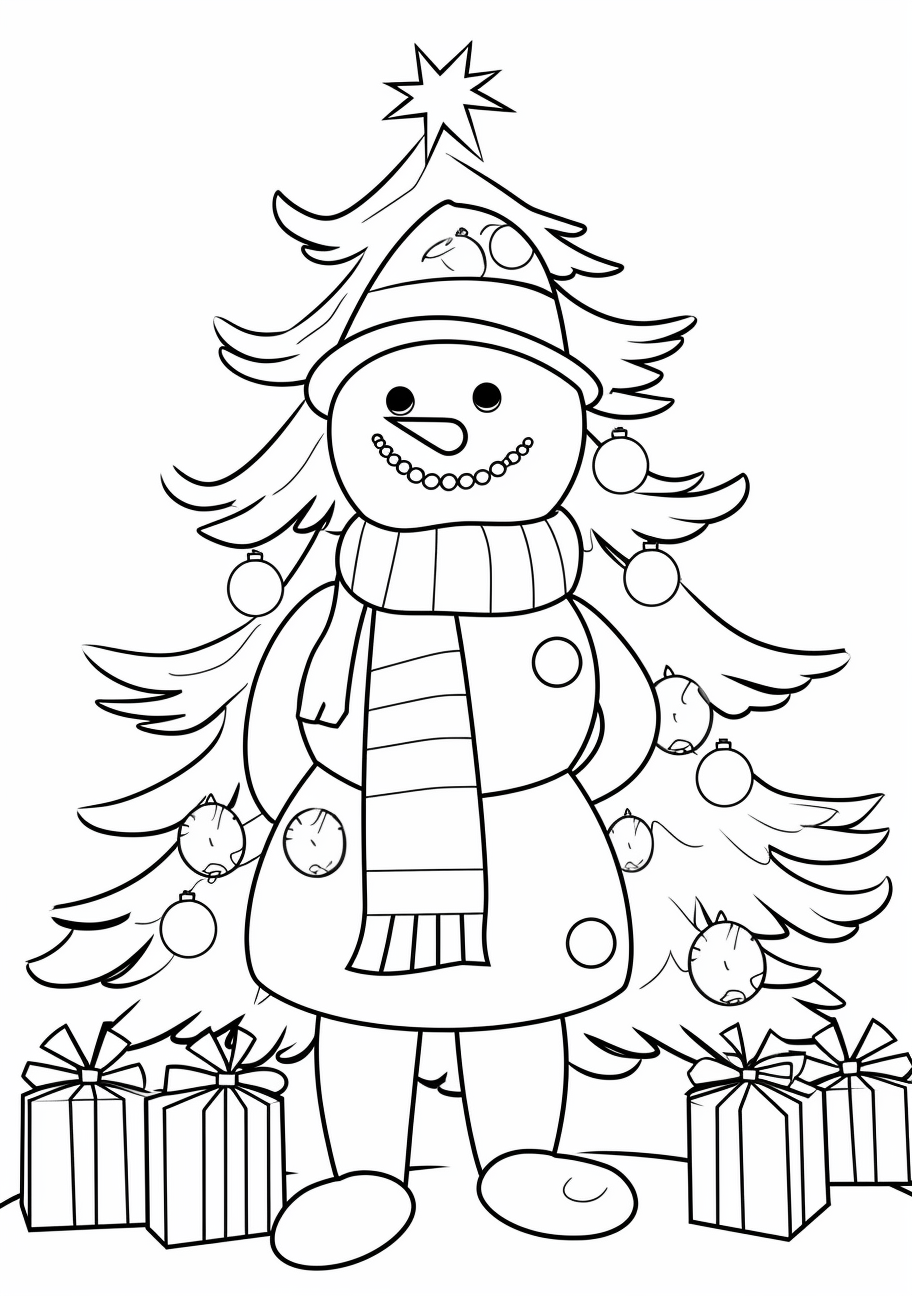 Drawing of a snowman and a brightly decorated tree; simple lines with moderate details.printable coloring page, black and white, free download