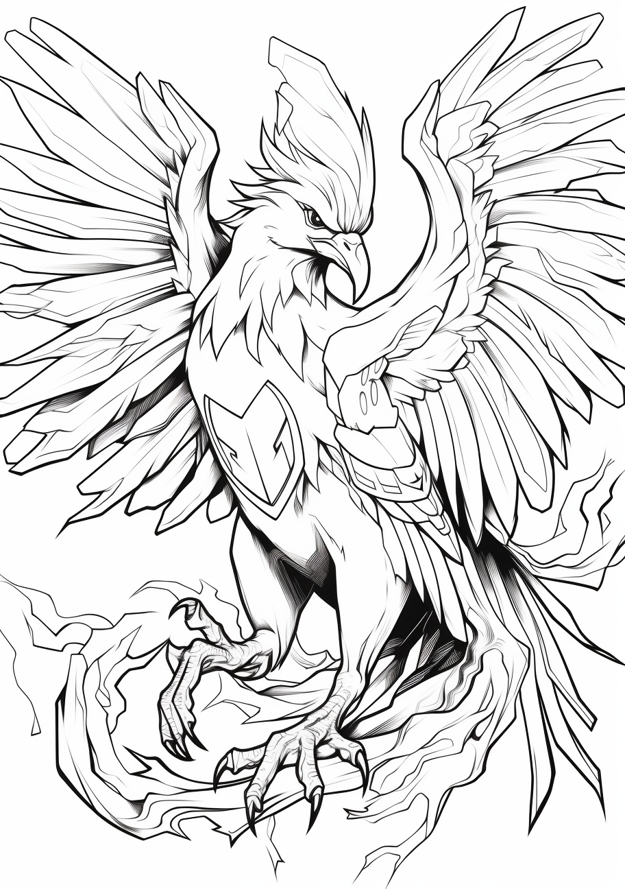 Articuno Pokemon in a dynamic pose; light outlines with rich details. printable coloring page, black and white, free download