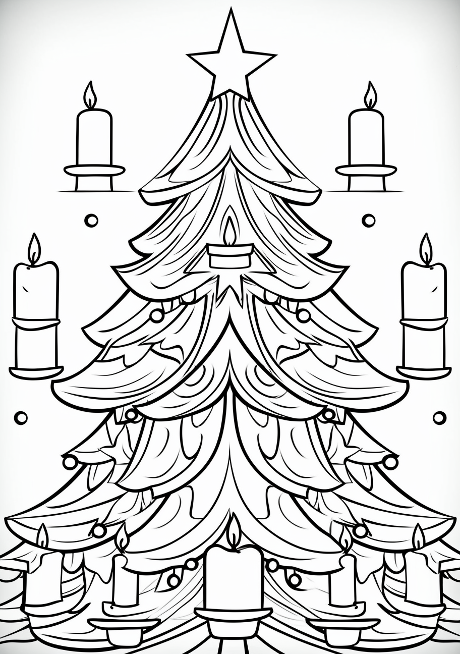 Christmas tree aglow with candle ornaments; bold lines and simple design. printable coloring page, black and white, free download