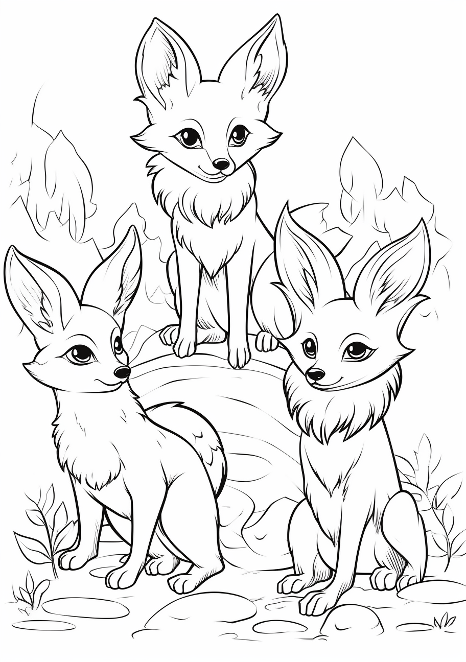 Dynamic composition of Eevee and its evolved forms; clean lines and simple shapes. printable coloring page, black and white, free download