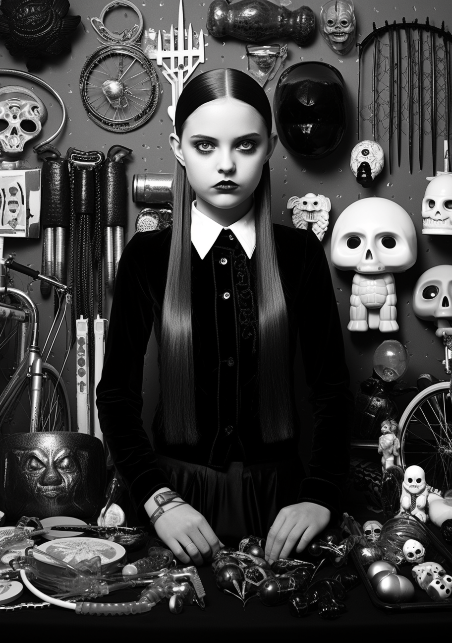An image that features Wednesday Addams in her traditional dress with her iconic accessories; precise linework and value gradation techniques. printable coloring page, black and white, free download