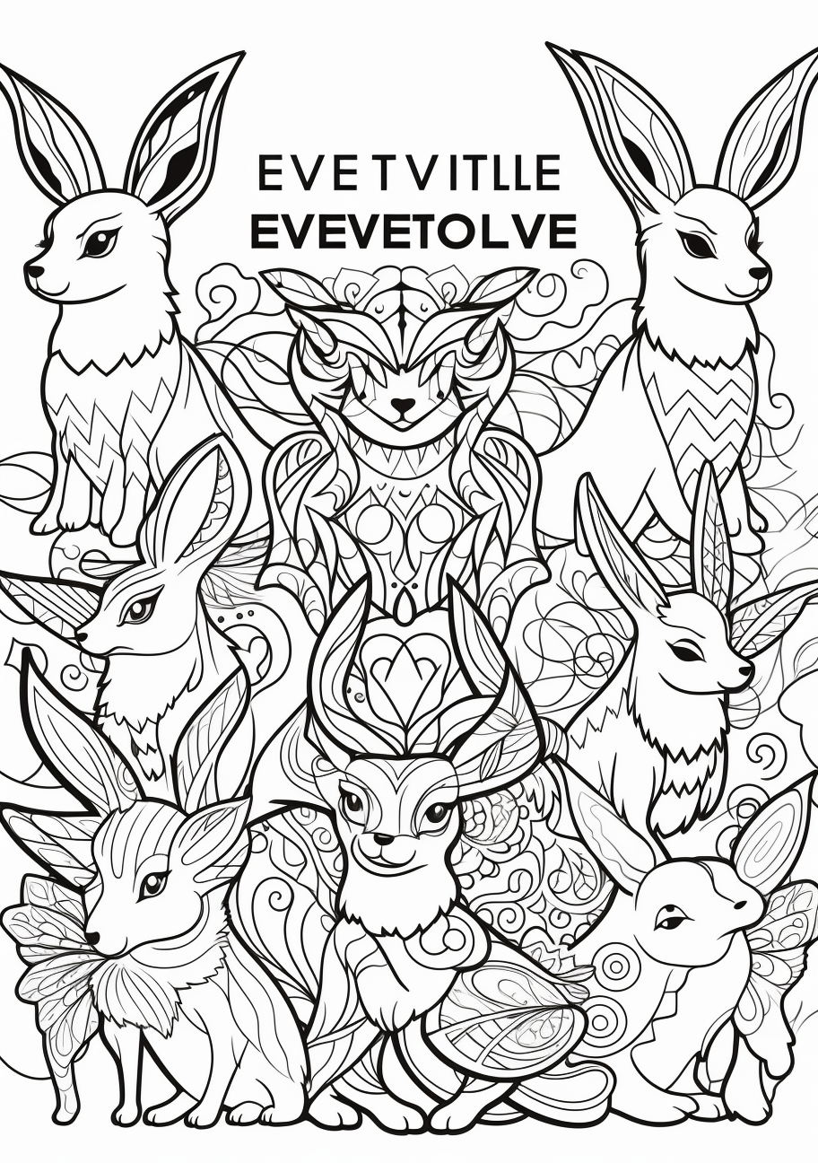 Artistic portrayal of Eevee's evolutionary stages; meticulous detailing combined with moderate patterning. printable coloring page, black and white, free download