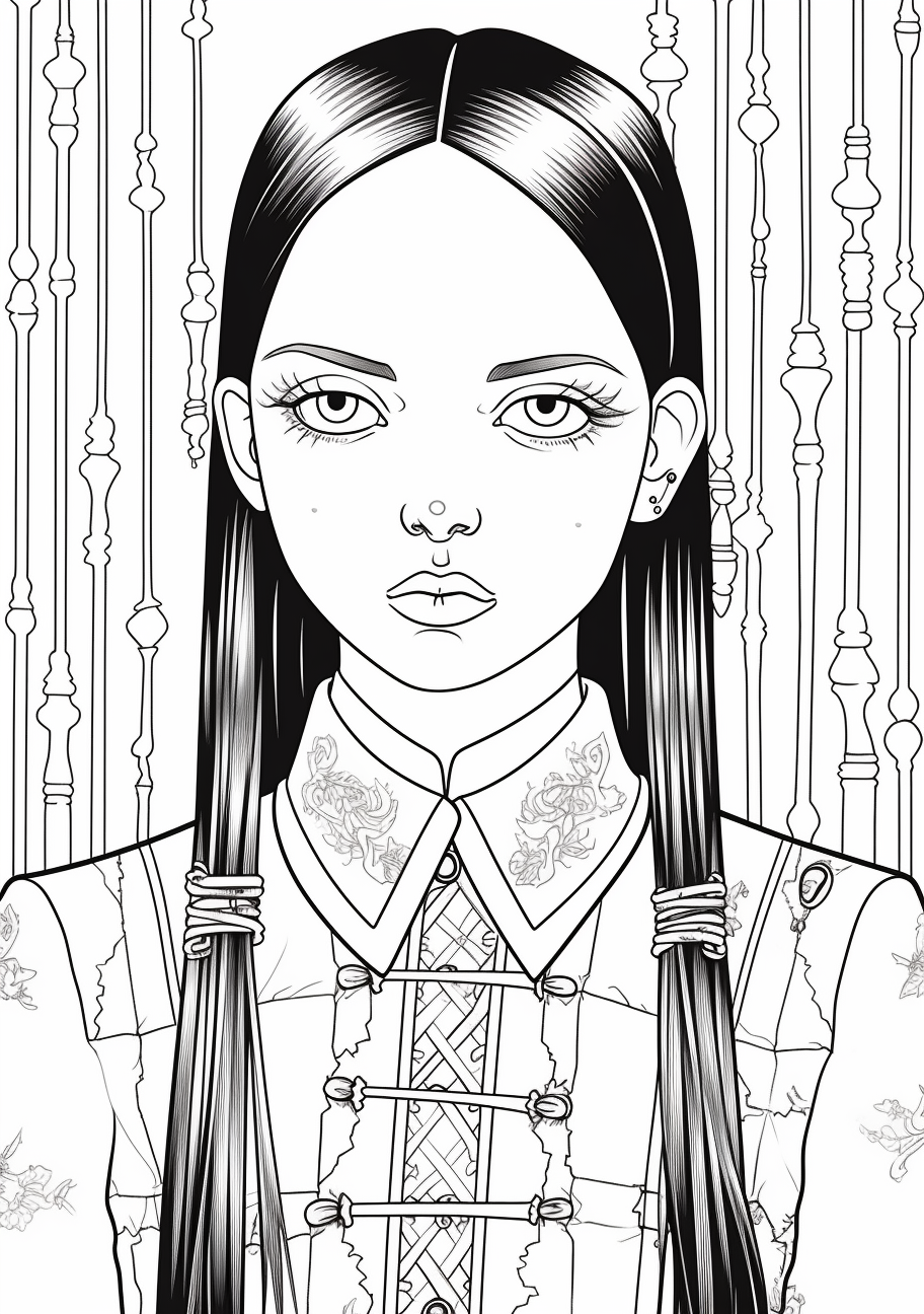 A detailed illustration of Wednesday Addams with sharp lines and high contrast. printable coloring page, black and white, free download