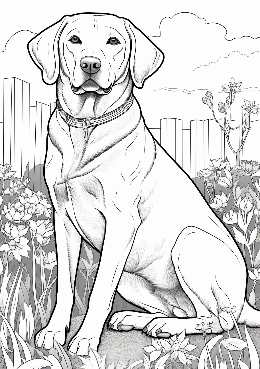 Authentic portrayal of a Labrador Retriever; detailed and realistic printable coloring page, black and white, free download