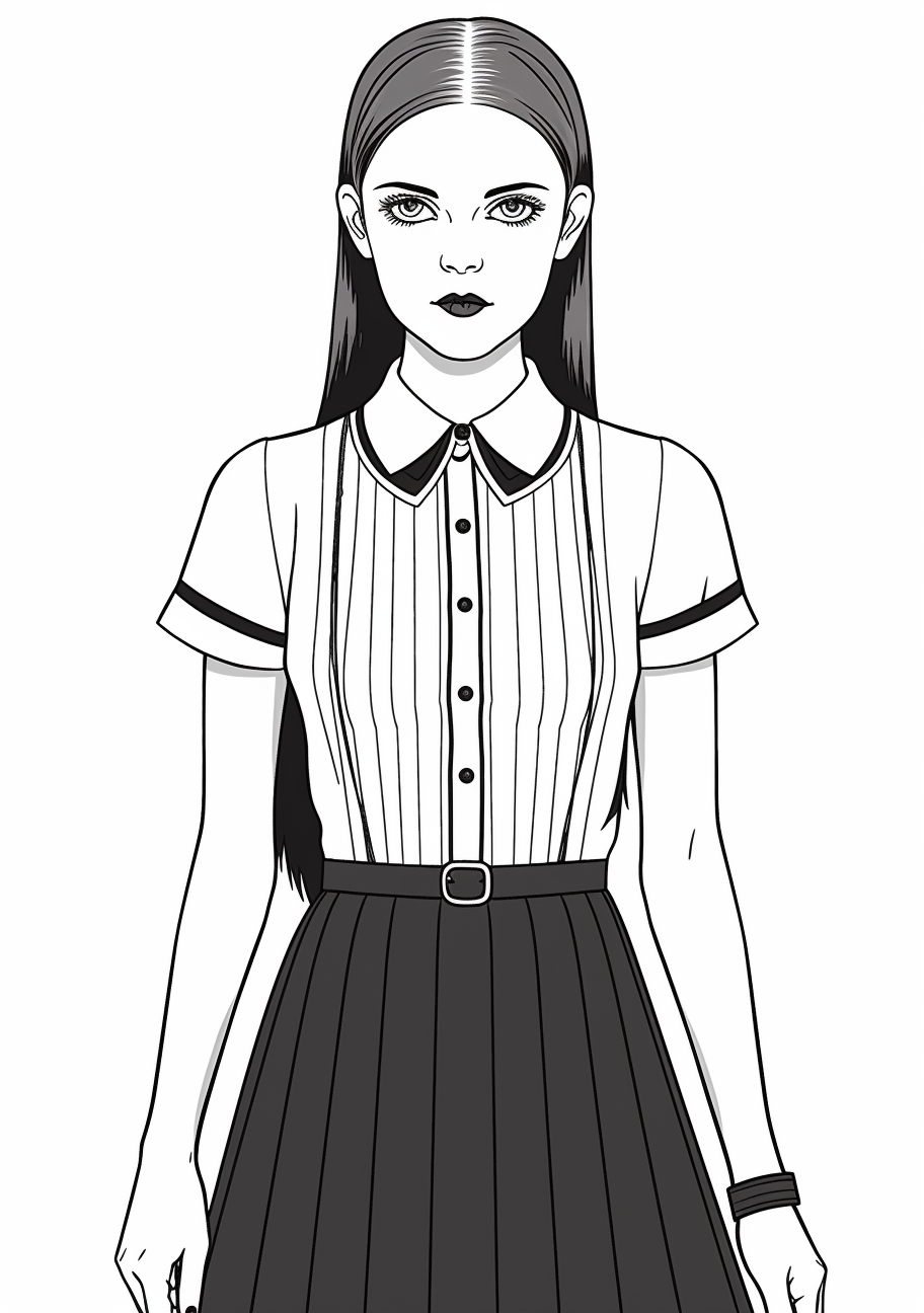 A close-up of Wednesday Addams face with her distinct, intense eyes and braids; fine detailing and clear outline. printable coloring page, black and white, free download