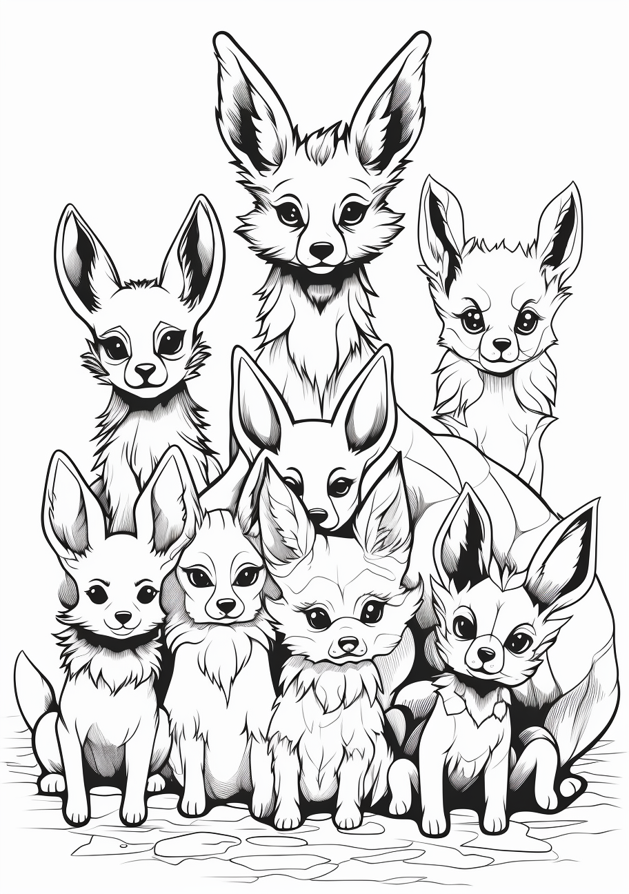 Illustration featuring a collection of Eevee evolutions; clear outlines with shared composition. printable coloring page, black and white, free download