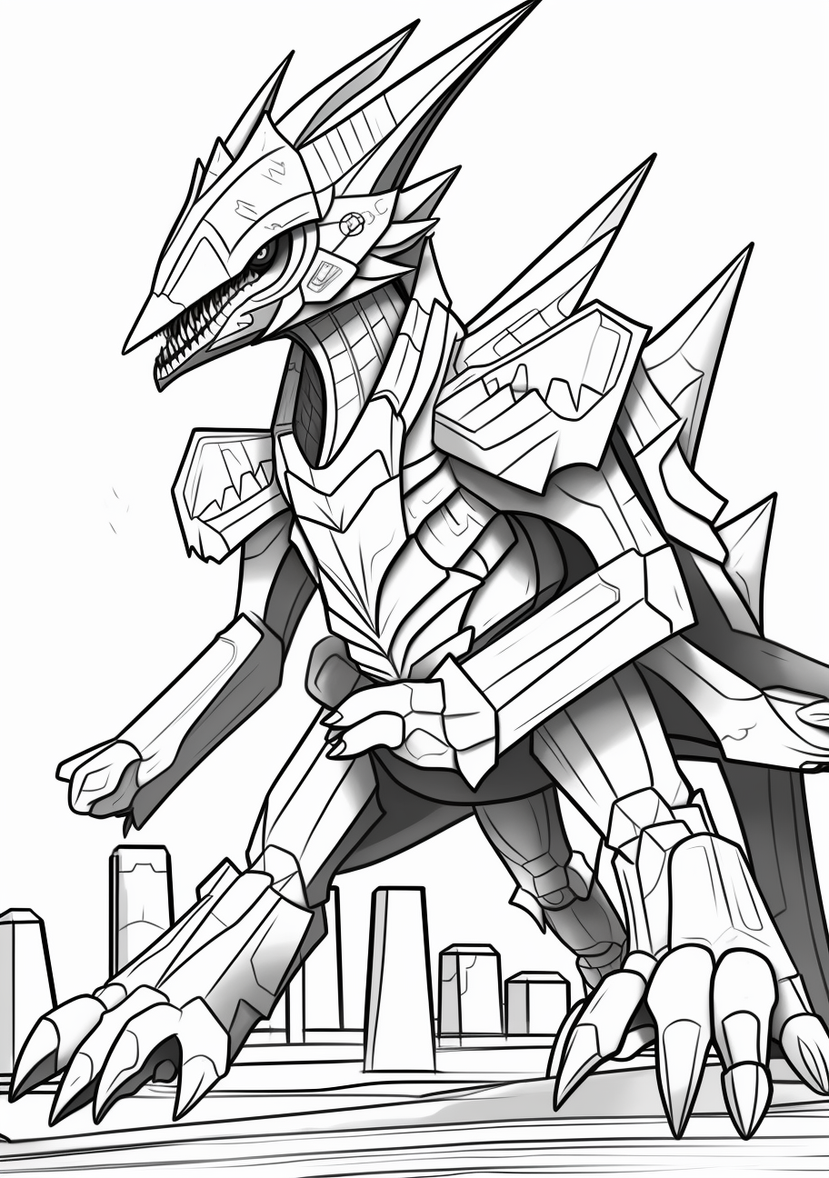 A detailed sketch of Dialga with clean, sharp lines and measured detailing. printable coloring page, black and white, free download