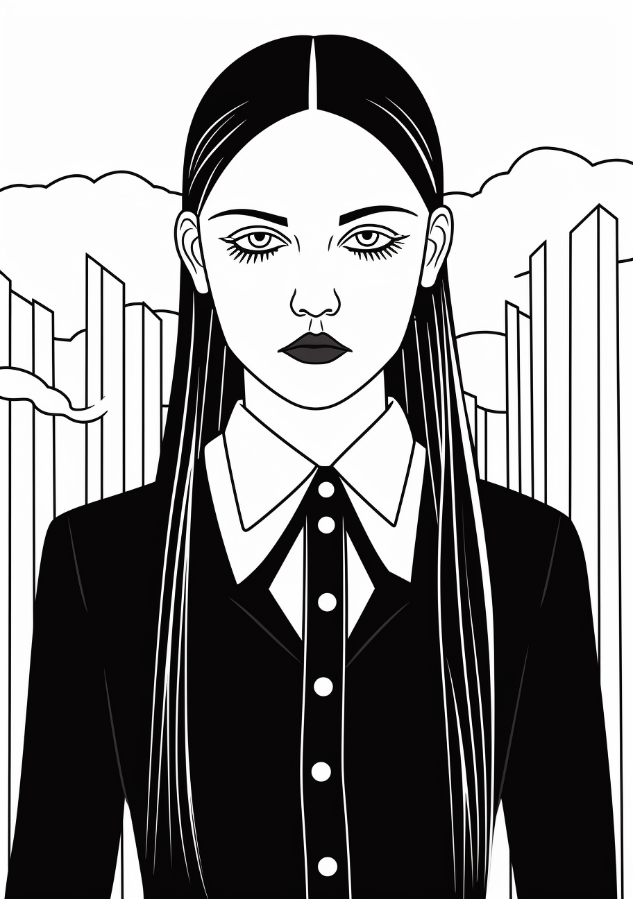 Contemporary Wednesday Addams drawn with a dashed, segmented style. printable coloring page, black and white, free download