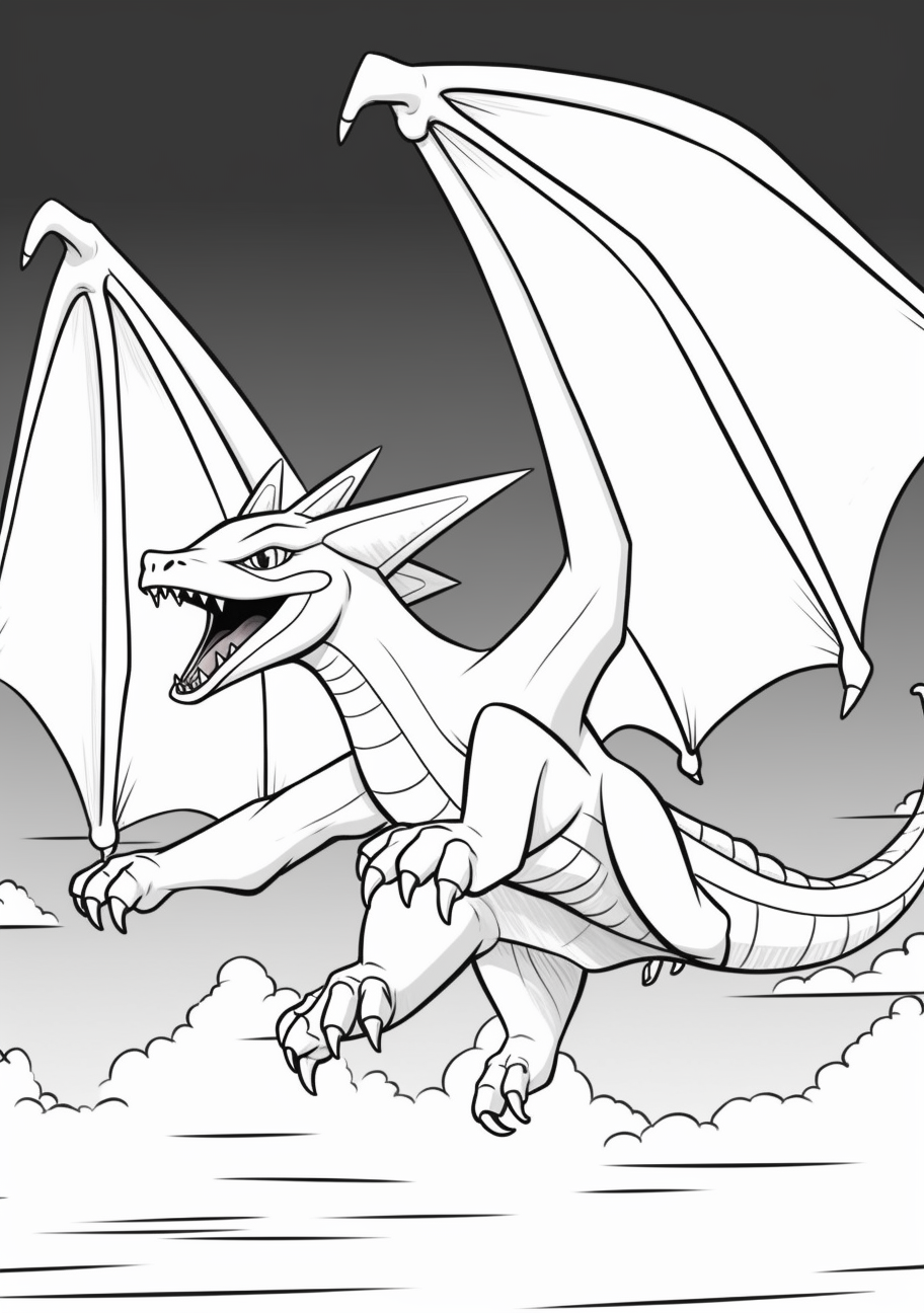 Flying Charizard with an open mouth, the details are moderately detailed printable coloring page, black and white, free download
