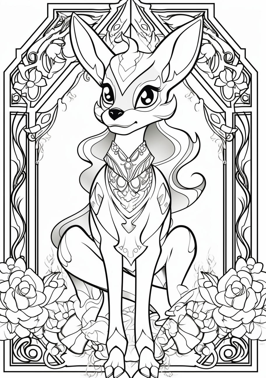 Eevee Evolution Majesty for Adults bringing back the royal poses with beautifully intricate patterns. printable coloring page, black and white, free download