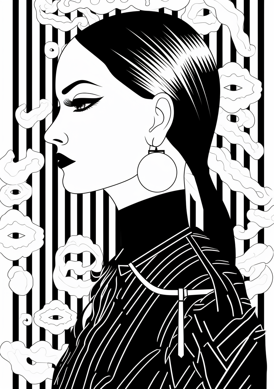 A perfect profile of Wednesday Addams enmeshed in detailed patterns. printable coloring page, black and white, free download