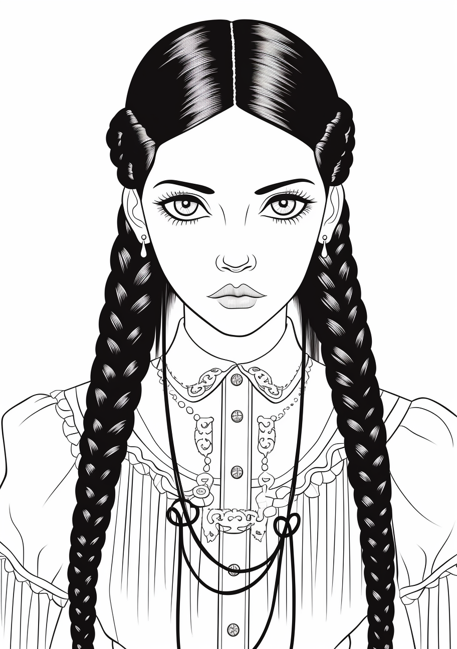 Wednesday Addams with her canonical braided hairstyle; intricate detailing on hair braids. printable coloring page, black and white, free download