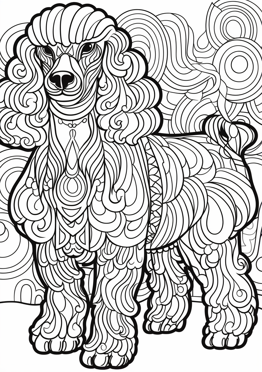 Stylized abstract art of a Poodle with distinct textured lines printable coloring page, black and white, free download