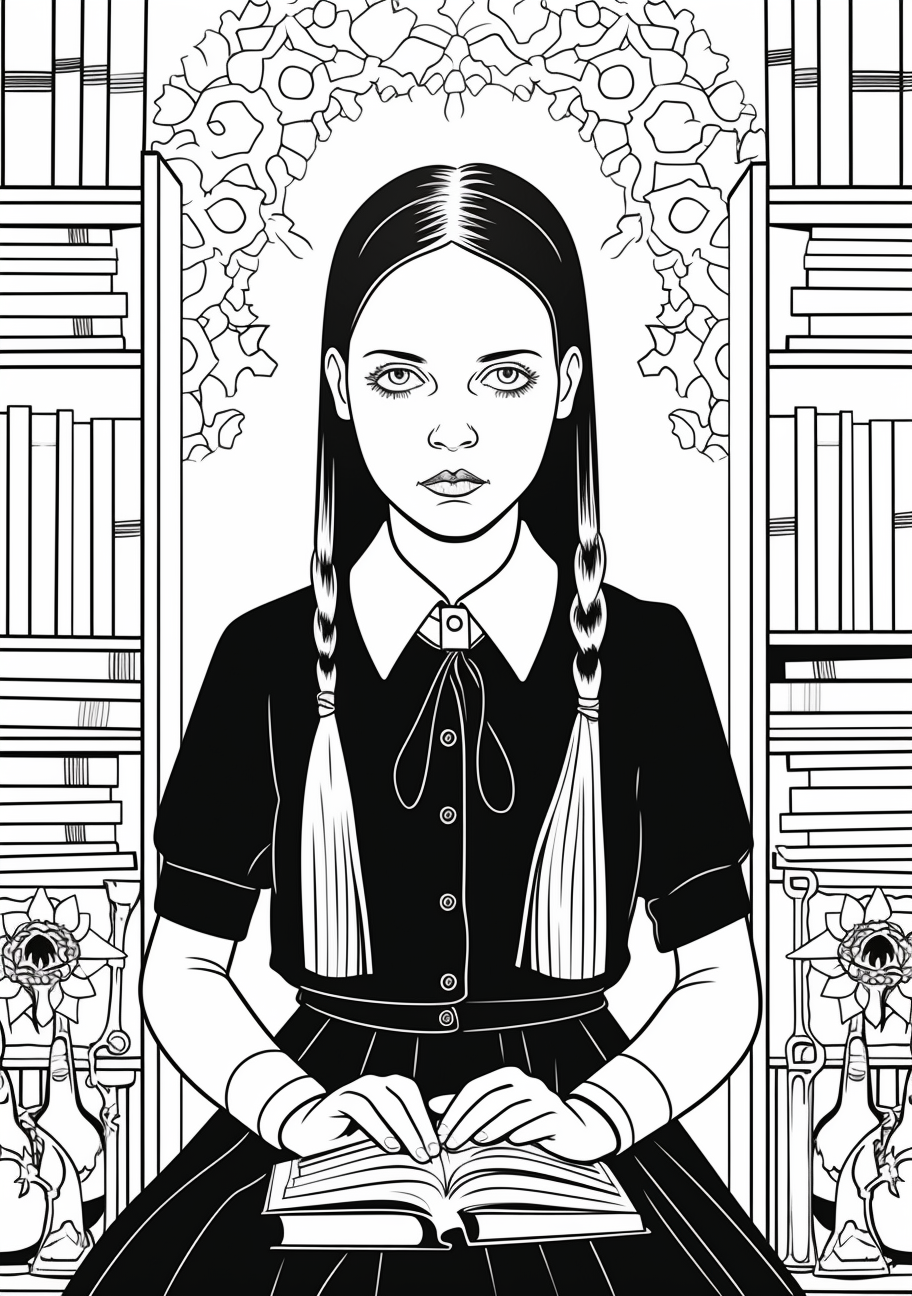 Individual page of Wednesday Addams standing solo; bold outlines and stylized patterns. printable coloring page, black and white, free download