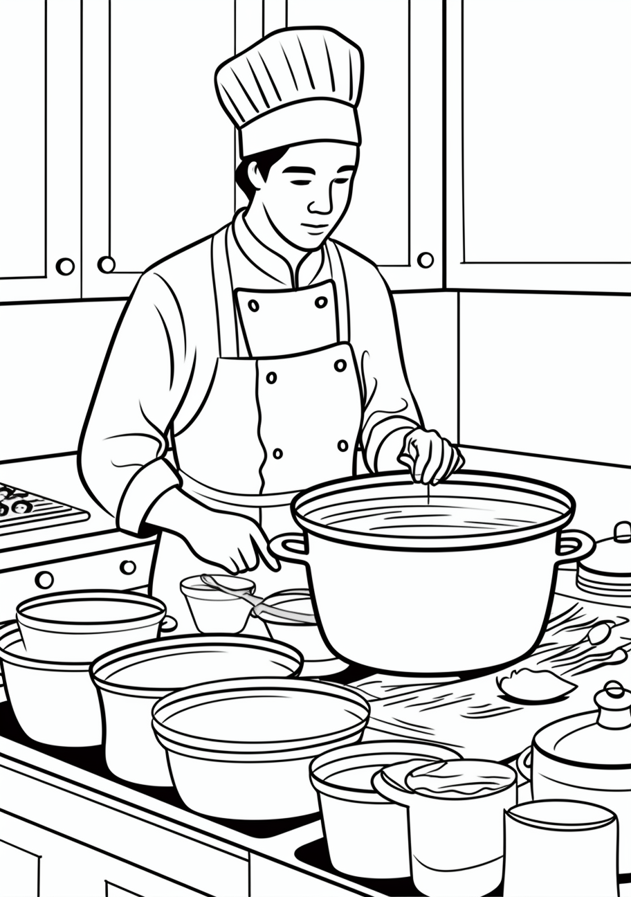 Active kitchen scene with chef preparing dishes; many elements and intricate details.printable coloring page, black and white, free download