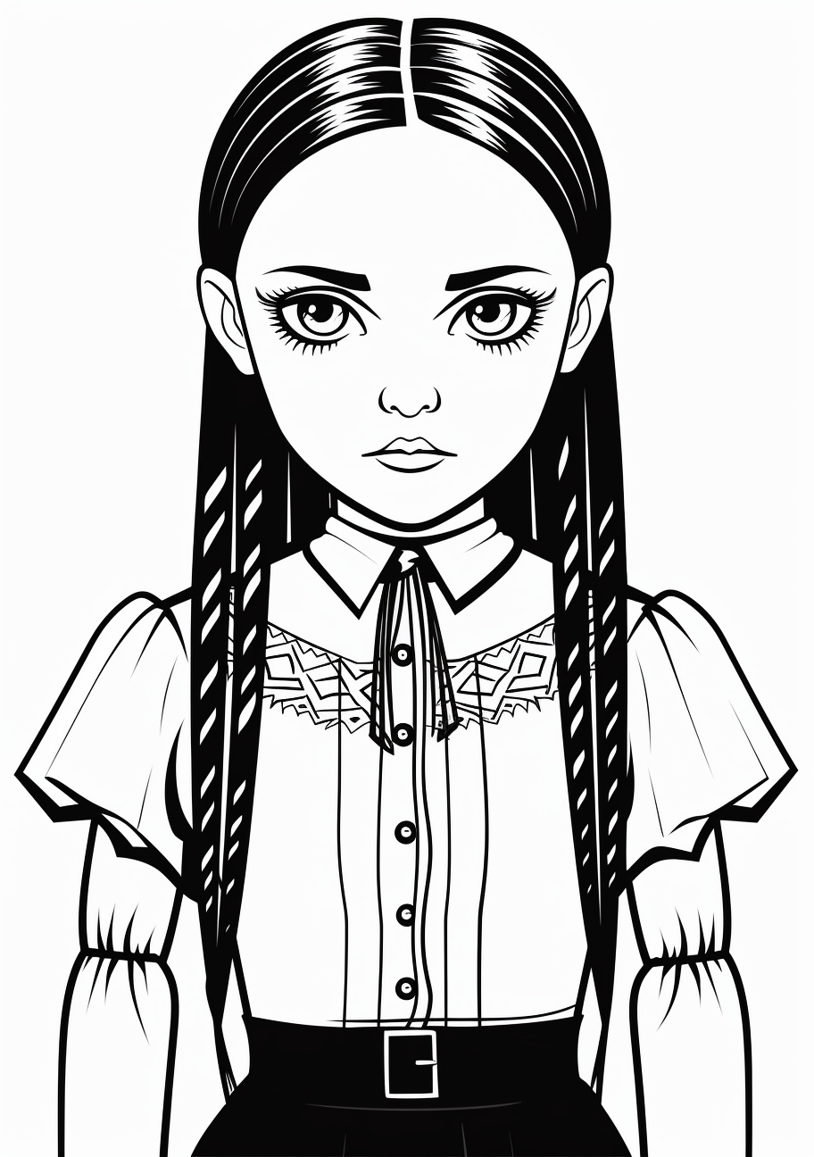 Classic portrayal of Wednesday Addams in her signature look; bold outlines. printable coloring page, black and white, free download