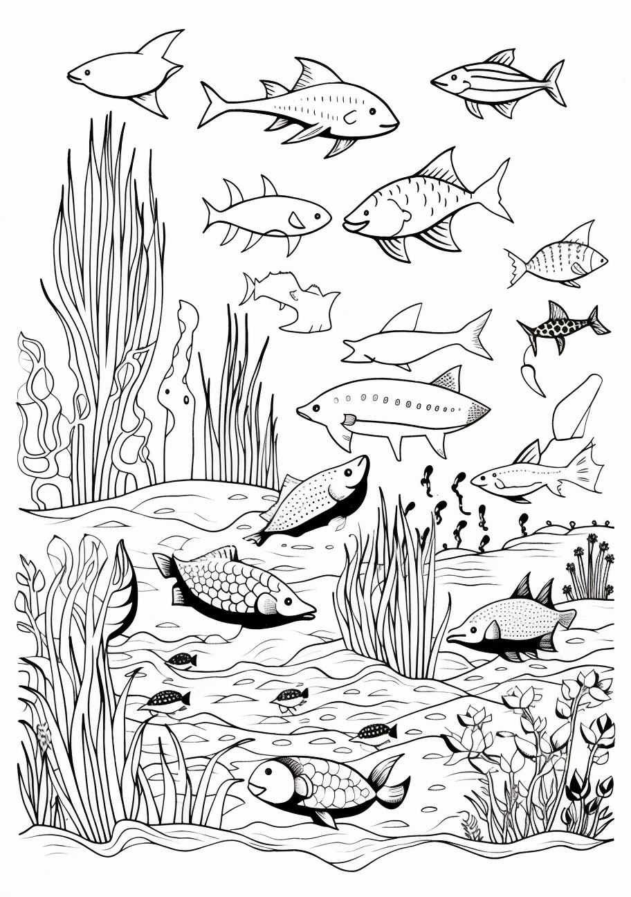 Seashell-studded sandy floor of the sea featuring starfish and crabs; clear outlines and minimalistic details. printable coloring page, black and white, free download