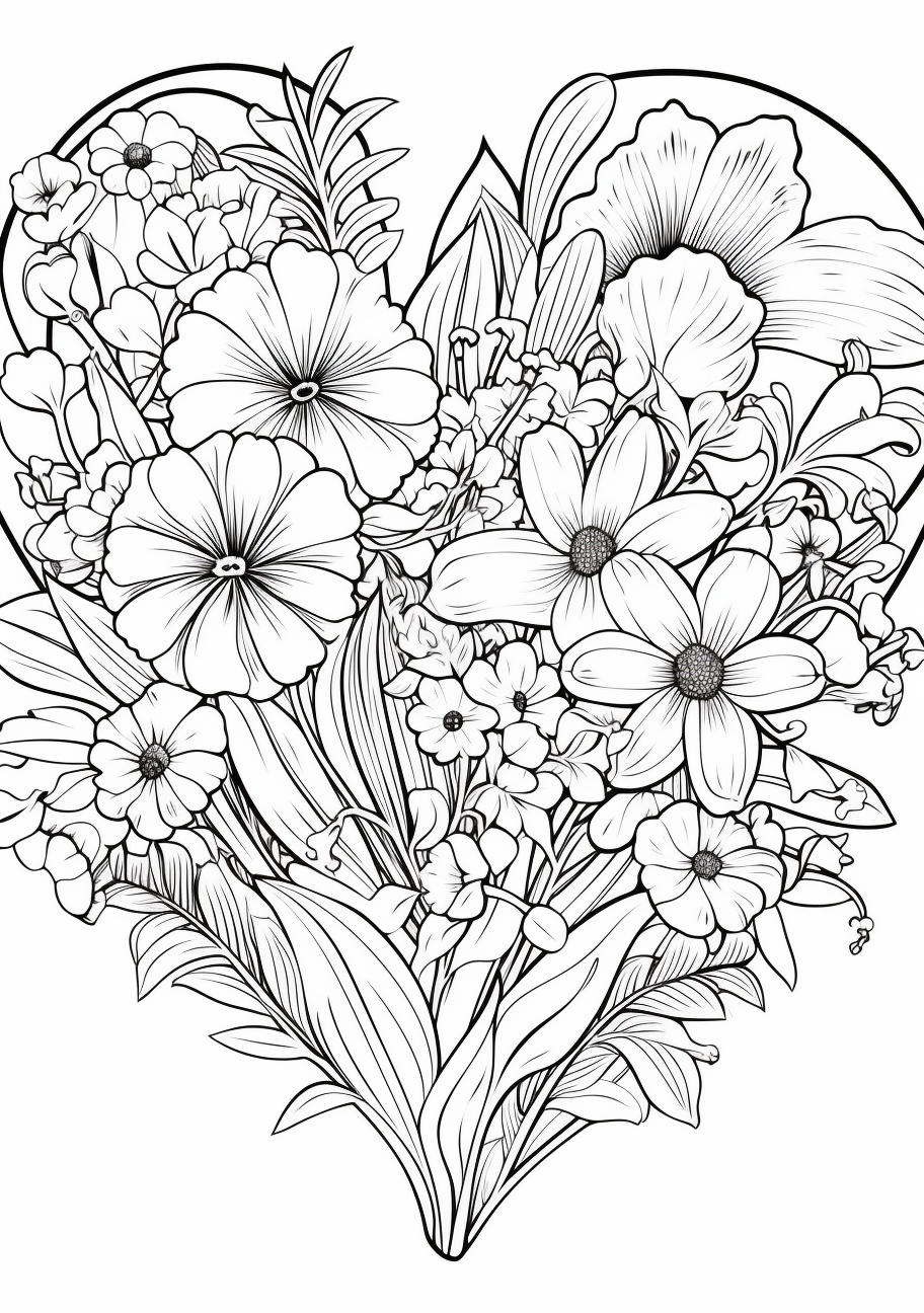 Heart formed by a variety of flowers; clean lines, details on petals.printable coloring page, black and white, free download