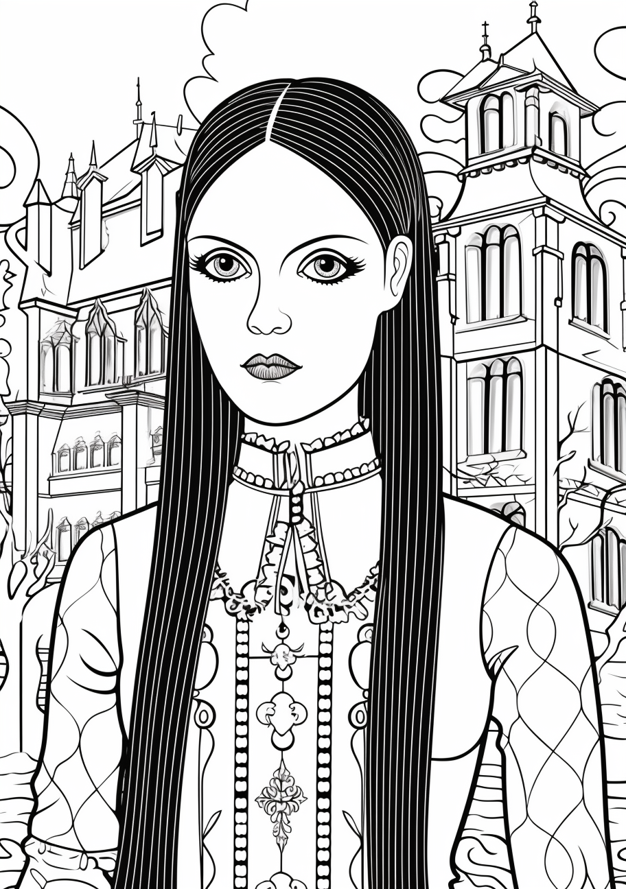 Wednesday Addams with Thing, a disembodied hand; bold outlines. printable coloring page, black and white, free download