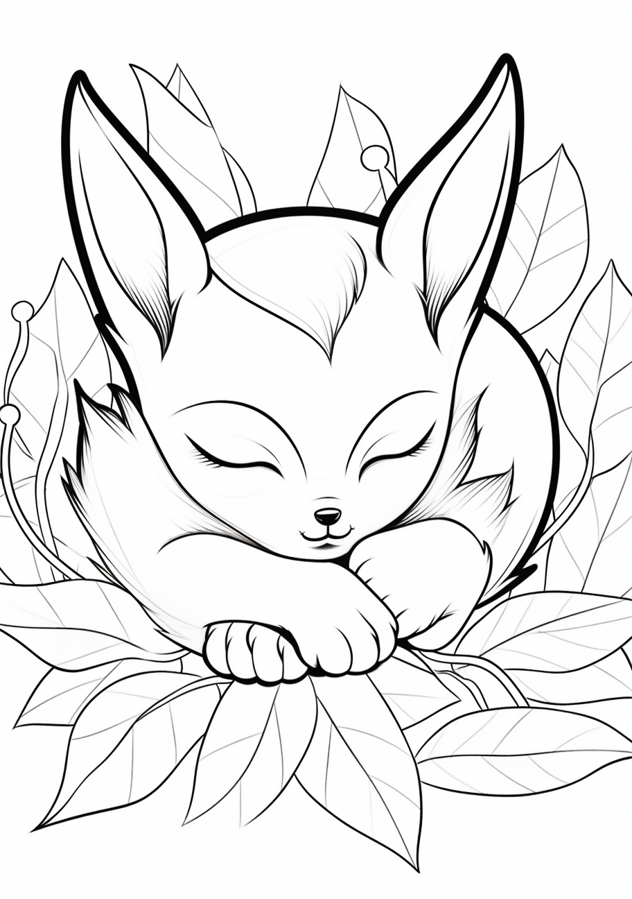 Sleeping Eevee with tranquil expressions; smooth lines and softer outlines. printable coloring page, black and white, free download